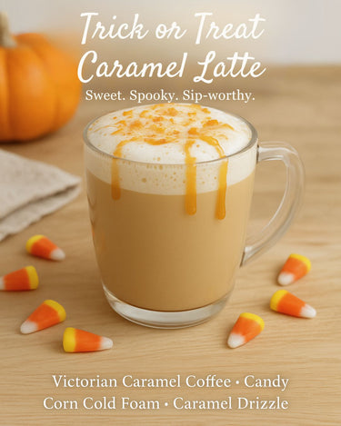 A glass mug of Victorian Caramel Flavored Coffee, Keurig compatible, sits on a wooden table with foam and caramel drizzle, surrounded by candy corn and a small pumpkin. The text describes this drink as a delicious Caramel Latte.